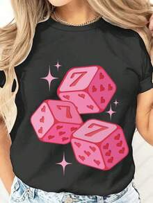 Women's T-Shirt With Pink Dice And Hearts Print For Casual Use 220g - Black - View 2