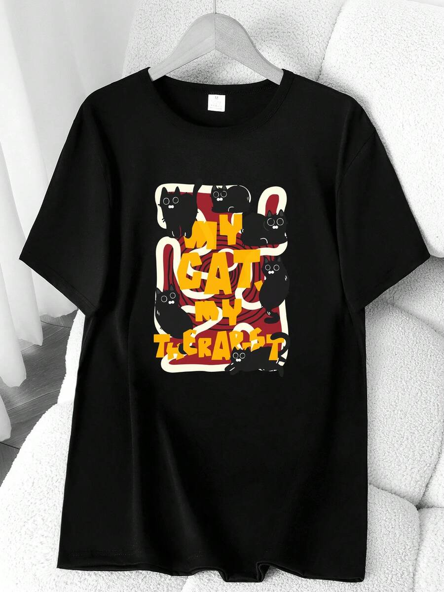 Black Cat Print T-Shirt. Available In 6 Colors, Short Sleeves, Round Neck, High Elasticity, Casual Sporty Style. Machine Washable. Suitable For Spring And Summer. Can Be Worn In All Seasons. Women's Clothing. Elegant Party Outfit, T-Shirt For Elegant Ladies, Blouses Suitable For Curvy Women, Casual Wear, Cool And Sweat-Free Summer Wear, Fun Letter Print. - 黑色 - 查看 1