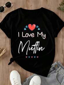 Women's T-Shirt, Black Round Neck T-Shirt With Heart Design And 'I Love My Muffin' Text, Casual Women's Clothing, Everyday Outfit, Summer Style - 黑色 - 查看 4