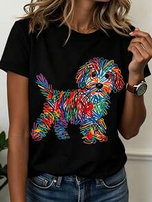 Women's Short Sleeve T-Shirt With Puppy Print And Rainbow Stripes | White Base With Creative Graffiti Style Pet Pattern + Adorable Rejuvenating Design, Loose And Breathable T-Shirt For Pet Lovers, Women's T-Shirt - 黑色 - 查看 1