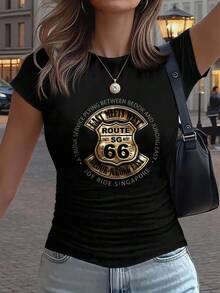 Women's Y2K Style Short-Sleeved Crew Neck T-Shirt With Artistic Letter Pattern Print, Casual Fitted Cut, Gathered Waist With Solid Color Detail, Sizes XS-XXL - 黑色 - 查看 1