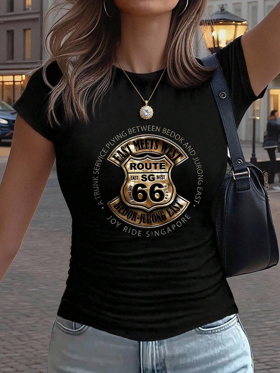 Women's Y2K Style Short-Sleeved Crew Neck T-Shirt With Artistic Letter Pattern Print, Casual Fitted Cut, Gathered Waist With Solid Color Detail, Sizes XS-XXL - 黑色 - 查看 1