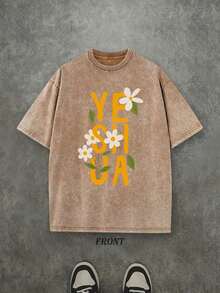 Vintage Washed T-Shirt With Single-Sided Print (230g Pure Cotton T-Shirt) 'Yeshua With Flower' Christian Yeshua T-Shirt, Christian Gift, Unisex T-Shirts, Casual Men's T-Shirt, Comfortable And Fashionable T-Shirt, Urban Style Cotton - 咖啡棕 - 查看 1