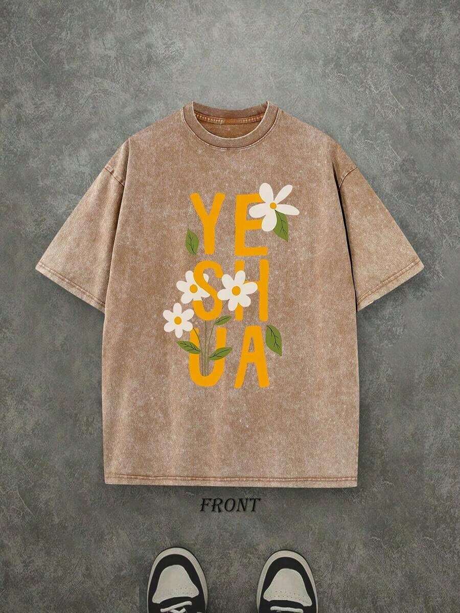 Vintage Washed T-Shirt With Single-Sided Print (230g Pure Cotton T-Shirt) 'Yeshua With Flower' Christian Yeshua T-Shirt, Christian Gift, Unisex T-Shirts, Casual Men's T-Shirt, Comfortable And Fashionable T-Shirt, Urban Style Cotton - 咖啡棕 - 查看 1