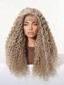 Tóc giả nữ 13x4 Lace Front 22 inch màu vàng tro highlight, tóc dài xoăn, sợi mềm chân thực chịu nhiệt, nhẹ thoáng khí, chống rối, thân thiện với da, phong cách thanh lịch cho đi làm văn phòng, tiệc tùng, sinh nhật, Giáng sinh, Halloween, quà tặng lễ hội - Làm nổi bật tóc vàng - Xem 3