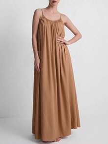 Vestido largo tirantes liso holgado verano 2026, estilo elegante para vacaciones y hogar - Marrón - Ver 2