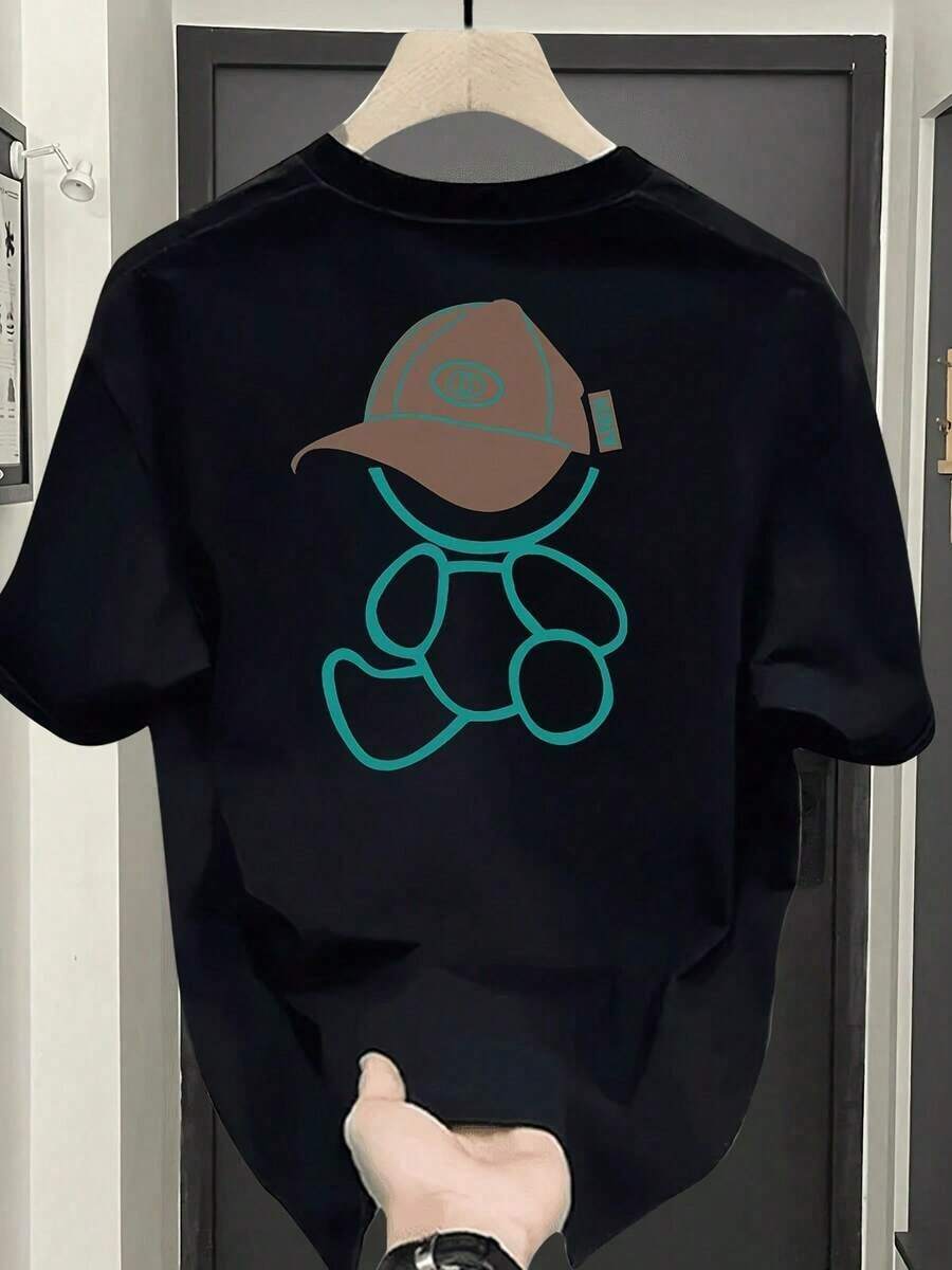 New Summer 2026 Pure Cotton T-Shirt, Men's Brand Print Short Sleeve T-Shirt, Versatile Pure Cotton Korean And Japanese Style T-Shirt For Men - Short Sleeve Cotton Crew Neck T-Shirt, Urban Vintage Style, Unisex, Loose Fit, Casual, Versatile And Comfortable. - 黑色 - 查看 1