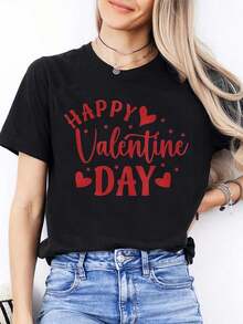 Women's Casual Round Neck T-Shirt, Ideal For Valentine's Day, With A Heart-Shaped Letter Design, Suitable For Couples' Days Out. - 黑色 - 查看 1