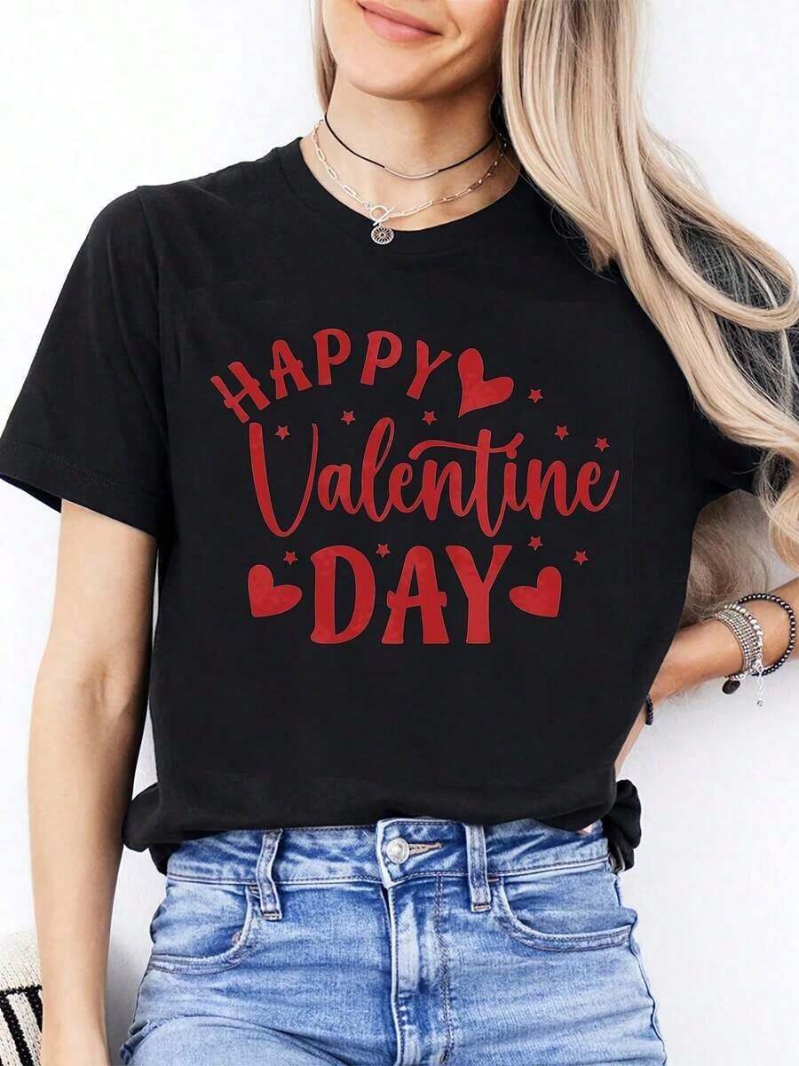 Women's Casual Round Neck T-Shirt, Ideal For Valentine's Day, With A Heart-Shaped Letter Design, Suitable For Couples' Days Out. - 黑色 - 查看 1