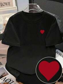 Women's Short-Sleeved T-Shirt With A Heart Pattern, Loose And Comfortable, Bestseller, Ideal For Everyday Casual Wear And Back-To-School Looks - 黑色 - 查看 1