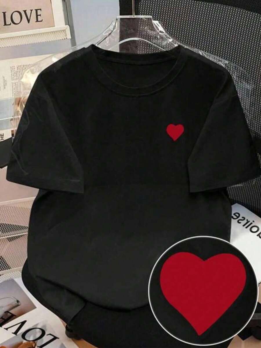 Women's Short-Sleeved T-Shirt With A Heart Pattern, Loose And Comfortable, Bestseller, Ideal For Everyday Casual Wear And Back-To-School Looks - 黑色 - 查看 1