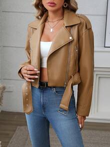 Women's Solid Color Minimalist Casual Zip-Up Short Jacket - Brown - View 4