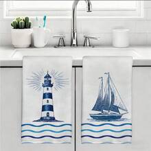 2pcs Blue Ocean Lighthouse, Sailboat & Wave Pattern Kitchen Towels, Rectangular Super Soft Microfiber Kitchen Towels, Dish Cloths, Cleaning Rags, Hand Towels, Cooking Baking Tea Towels, Kitchen Decor, Housewarming Gift, Birthday Gift, Bathroom Cleaning Wipes, Decorative Towels - Multicolor - View 10