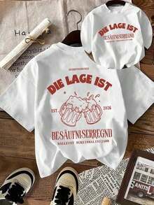 New 2026 Collection: Cotton T-Shirt With 'Excited Situation' Beer Graphic Print, Design On The Front And Back, Casual Short-Sleeved Top With Round Neck, Perfect For Women's Spring/Summer Outfit In White. - White - View 1