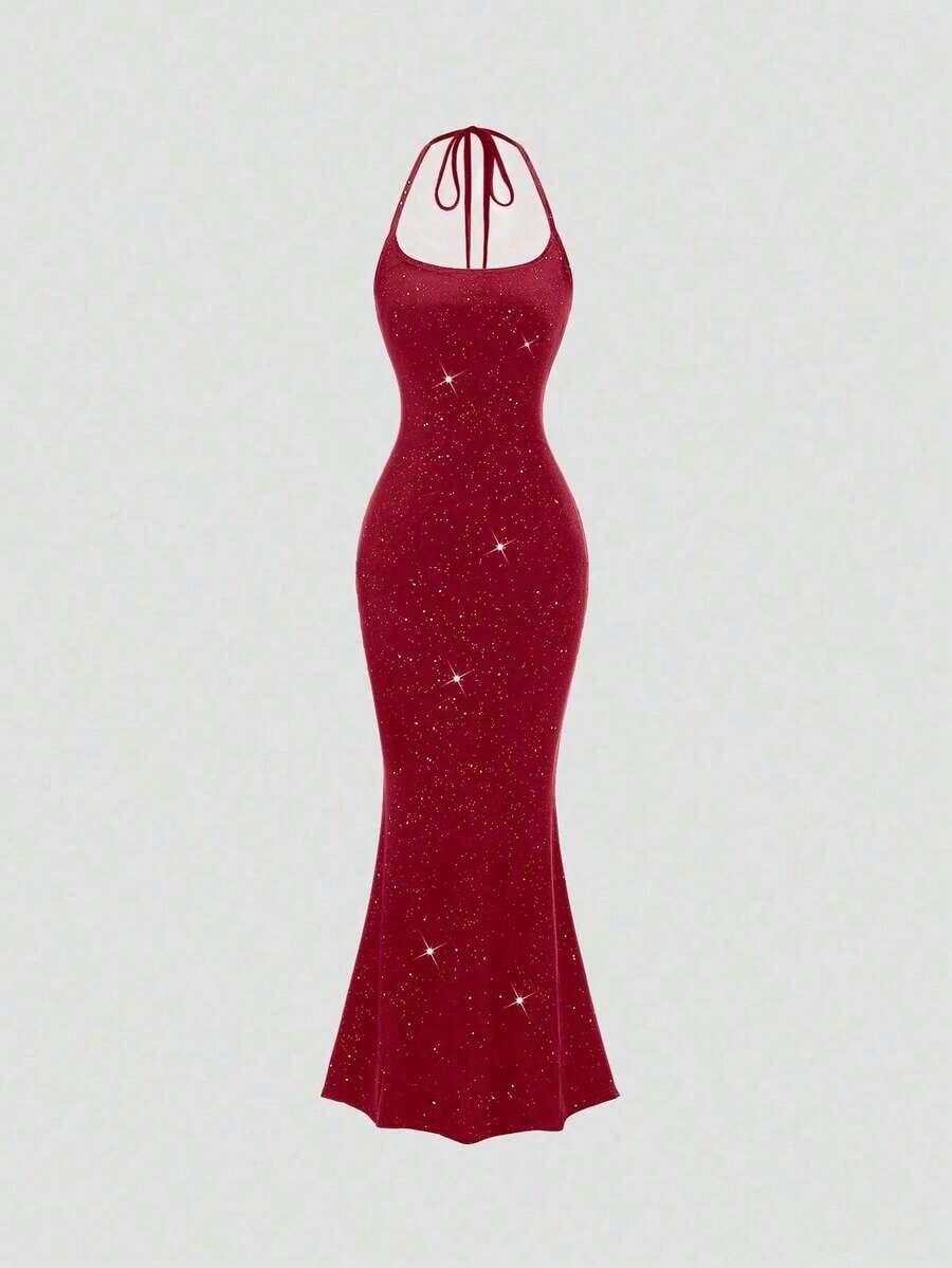 Vestido largo de fiesta formal con cuello halter y bajo de sirena en color sólido de - Borgoña 2 - Ver 1