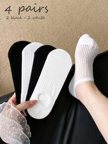 1/4 Pair Women's Black & White Solid Color Mesh Breathable Invisible Boat Socks, Ribbed Non-Slip, Basic Style Suitable For Daily Commute, All Season Wear, Gift Idea, Minimalist Style Suitable For Students And Workplace Daily, Easy To Match, Comfortable Fabric, Holiday Gift, Random Mixed Colors - Black and White - View 9