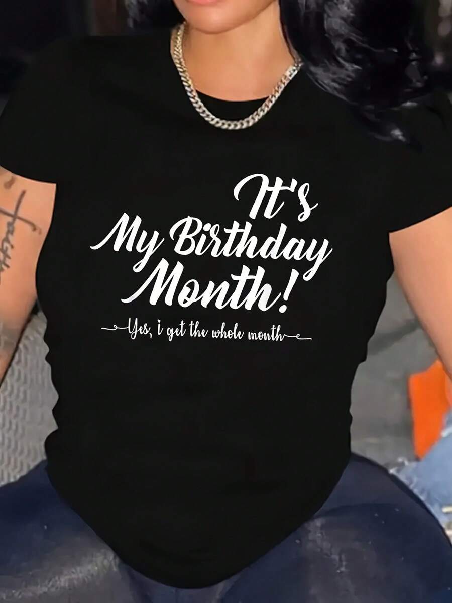 Women's Printed T-Shirt - Casual Black Short Sleeve Round Neck T-Shirt With White Cursive Birthday Text, Relaxed Fit For All Seasons, Perfect For Daily Wear And Celebrations (Machine Washable). - 黑色 - 查看 1