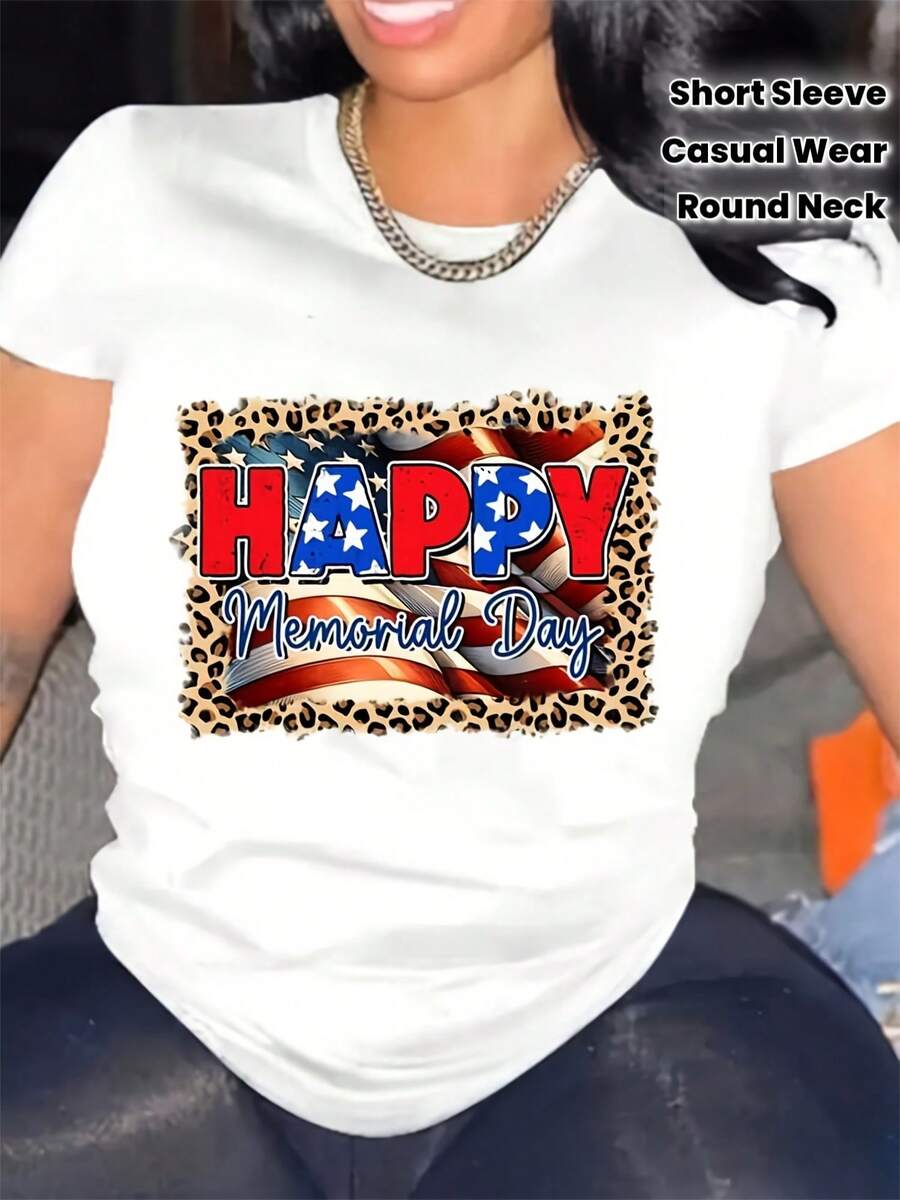 Women's Casual Sports T-Shirt, Short Sleeve, White, With Happy Memorial Day Graphic - Elastic Crew Neck T-Shirt, Machine Washable, Comfortable Fit And For All Seasons, Perfect For Celebrating Memorial Day. - 白色 - 查看 1