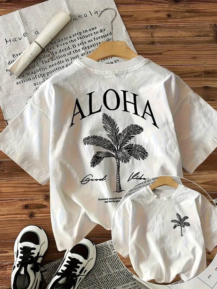 ALOHA Women's Casual Sports T-Shirt With Palm Graphic - White Elastic Round Neck T-Shirt, Machine Washable, Comfortable Fit And Suitable For All Seasons, To Wear With Wooden Hanger. - 白色 - 查看 1