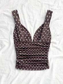Camiseta de mujer elegante para vacaciones, de tela de punto a lunares, con tirantes retorcidos y fruncidos, de ajuste ceñido, adecuada para vacaciones, citas, té de la tarde, playa, crucero, viaje a la ciudad, vacaciones en la isla, festival de música, vacaciones bohemias, se puede usar por dentro o por fuera - Marrón - Ver 2