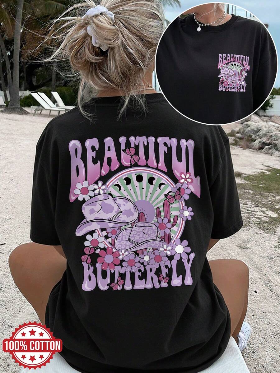 | Exquisite Design | Loose And Comfortable | Easy To Match | [Double-Sided Print] Fashionable Women's Top, Summer Clothes For Women, Cartoon Style, Butterfly, Flower, Beautiful Print, Round Neck, Short Sleeve, Off-The-Shoulder, Plus Size Pure Cotton T-Shirt. - 黑色 - 查看 1