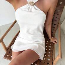 Elegante y delicado vestido camisero con decoración metálica y espalda descubierta, ropa de verano, ropa de playa, ropa de resort, ropa de resort bohemia y tropical, atuendo para conciertos, fiestas rave, festivales de música country, elegante atuendo para citas nocturnas, vestido de verano para mujer, vestido para té de la tarde, vestido blanco de graduación, atuendo de celebración para festivales de música, vestido con espalda descubierta - Amarillo - Ver 4