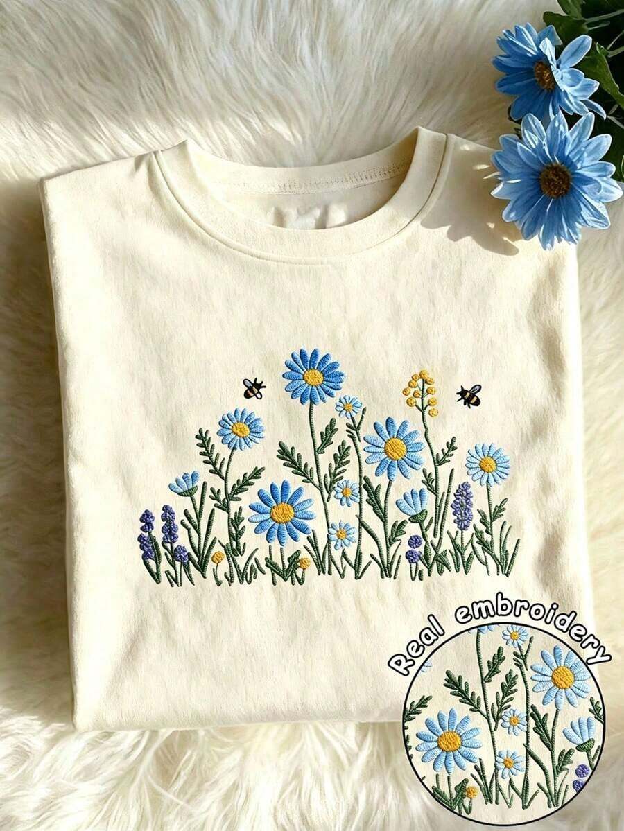 Diseño de bordado de girasol Estampado floral vibrante Camiseta de manga corta de cuello redondo casual para mujer de primavera y verano - Albaricoque 3 - Ver 1