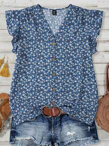 Clasi Blusa de mujer de verano con cuello en V y mangas cortas con estampado floral - Azul - Ver 1