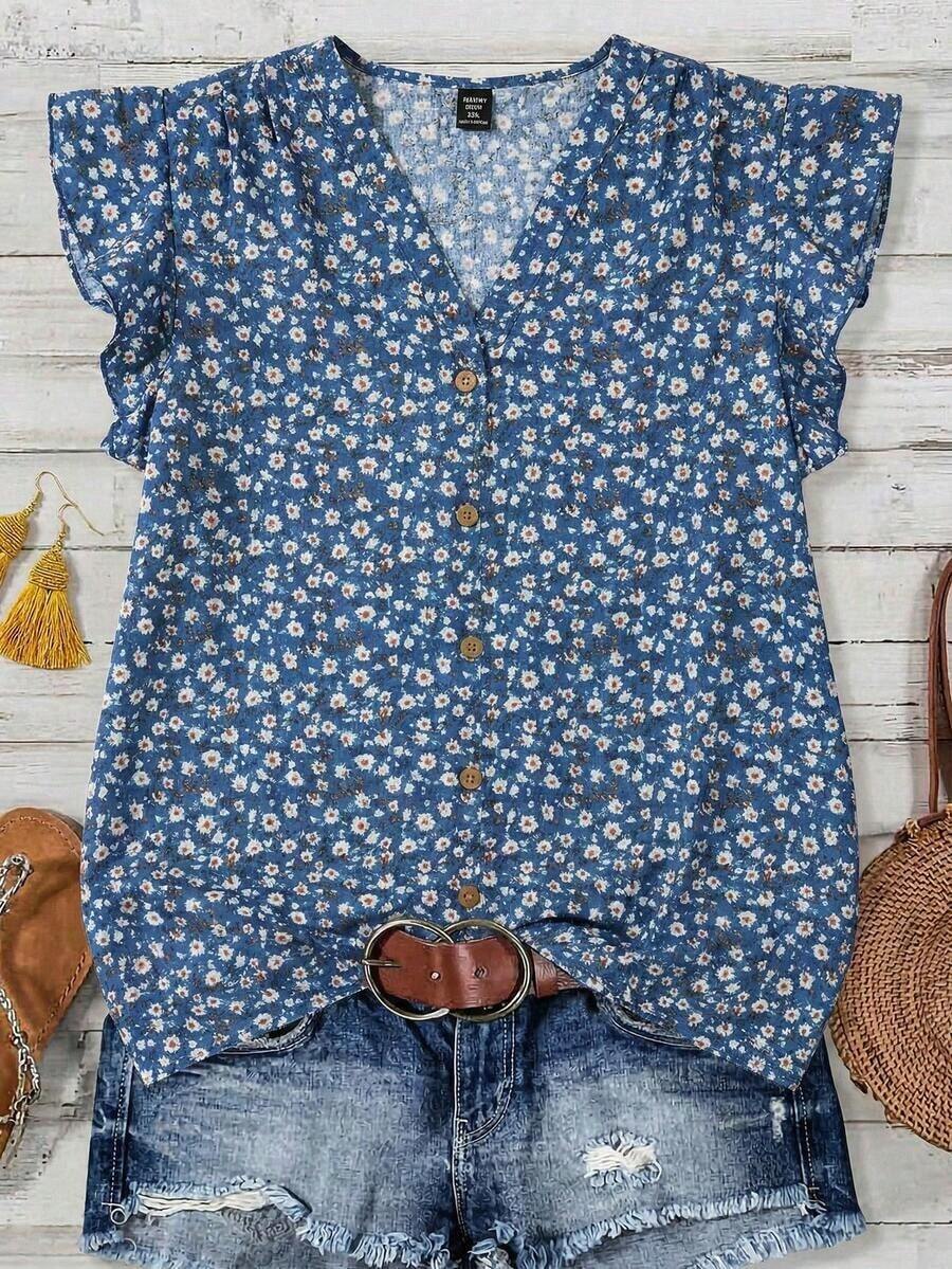 Clasi Blusa de mujer de verano con cuello en V y mangas cortas con estampado floral - Azul - Ver 1
