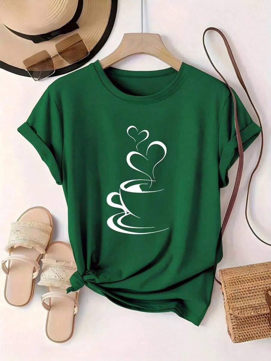 New Plus Size Women's T-Shirt, Short Sleeve Printed Sports T-Shirt For Spring/Summer/Autumn, Women's Clothing, Casual Round Neck Top, Made Of Comfortable Polyester And Cotton Fiber - 綠色 - 查看 1