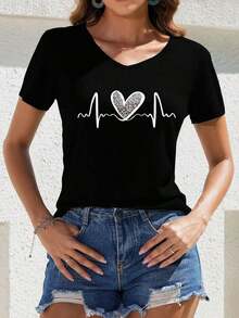 Selamara Camiseta de manga corta con cuello en V y estampado de leopardo con corazón, de estilo casual para el veranoPure-Cotton - Negro - Ver 6