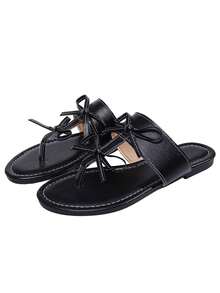New Women's Fashion Summer Casual Vacation Style Slip-On Flat Round Toe Sandals With Bow Decor, Black - Black - View 8