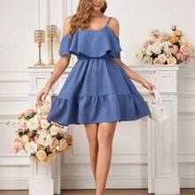 Vestido elegante de moda nuevo para mujeres con escote en el hombro, borde alto y cintura favorecedora, mini vestido ideal para vacaciones, salidas casuales, fiestas, meriendas y talla grande ocasiones de verano - Negro - Ver 3