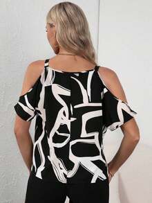 Clasi Blusa con estampado total, detalle de cadena en los hombros descubiertos, parte superior con hombros descubiertos - Blanco y Negro - Ver 2