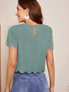Blusa con mangas abullonadas, recorte ondulado y escote en la espalda, Blusas de manga corta - verde menta - Ver 2