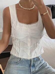 Cárdigan corto sin mangas con textura y rayas de estilo bohemio casual para mujer, adecuado para primavera, verano, playa y uso diario - Blanco - Ver 7