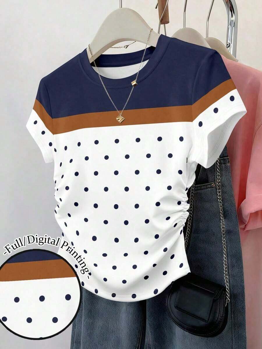 Set de 3 blusas de mujer con estampado de rayas, cuadros y gráficos, de manga corta y con efecto de cintura ceñida - Multicolor 9 - Ver 1