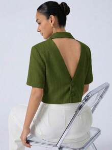 Nueva chaqueta elegante y sofisticada de tela texturizada con cuello de solapa, diseño de espalda cruzada, cintura corta y mangas cortas para estilizar la figura de la mujer - Verde 2 - Ver 5