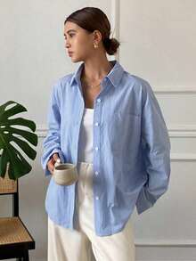 Camisa de manga larga con hombros caídos y rayas verticales - Azul - Ver 4