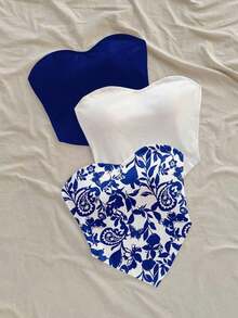 3 Piezas Camiseta corta casual con estampado de mariposa y diseño, bajo asimétrico, apta para vacaciones, playa, verano - Azul y blanco - Ver 5