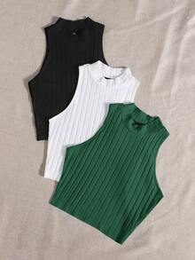 Top de tanque casual sólido de cuello redondo acanalado para el verano - Multicolor 10 - Ver 3