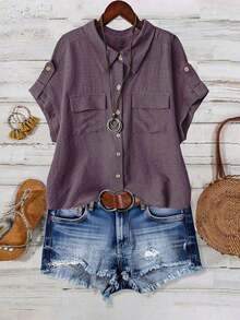 Camisa casual de moda cómoda para mujer de talla grande, de unicolor, con cierre de botones completo, cuello de solapa, manga corta y bolsillos dobles - Púrpura polvoriento - Ver 3