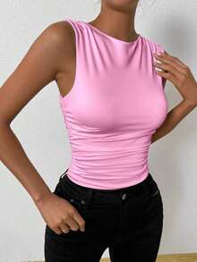 Top ajustado de mujer con cuello redondo y plisado en unicolor - Rosa - Ver 4