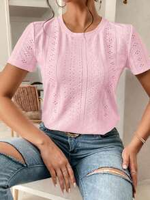 Camiseta blanca de cuello redondo con bordado de ojales, minimalista para ir a la oficina, estilo antiguo y sencillo - Rosa Pálido - Ver 3