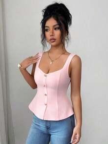 Top de tirantes anchos con cuello cuadrado, abotonado delantero, cintura plisada y ajustado para mujer, unicolor y elegante - Rosa - Ver 4