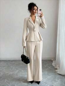 Traje elegante que afina la cintura, pantalones acampanados y estilizadores para uso diario, adecuado para vacaciones, citas, Día de la Independencia, atuendo de maestra - Albaricoque - Ver 5