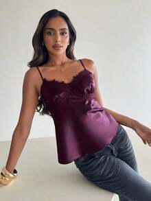 de satén con parches de encaje elegante y sexy para mujer - Morado - Ver 6