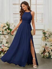 Belle Vestido de dama de honor con cuello de halter de unicolor, cintura imperio y abertura frontal alta.Elegante vestido color púrpura claro para boda. - Azul marino - Ver 3