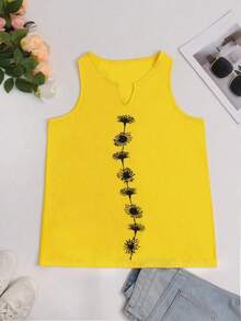 Camiseta sin mangas de verano con cuello en V y estampado floral y de plantas para mujer de moda informal - Amarillo - Ver 3