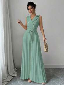 Mono plisado con diseño de chaleco cruzado elegante para mujer, color albaricoque, para primavera y otoño - Verde 2 - Ver 4